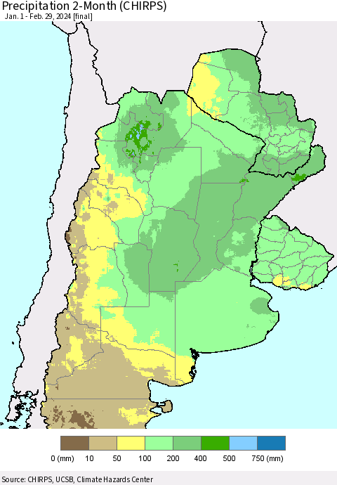 Southern South America Precipitation 2-Month (CHIRPS) Thematic Map For 1/1/2024 - 2/29/2024