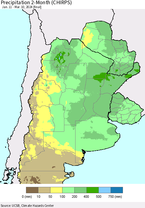 Southern South America Precipitation 2-Month (CHIRPS) Thematic Map For 1/11/2024 - 3/10/2024