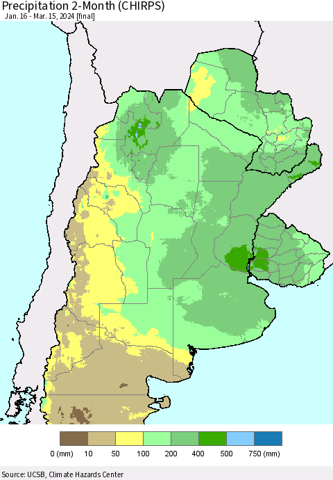 Southern South America Precipitation 2-Month (CHIRPS) Thematic Map For 1/16/2024 - 3/15/2024