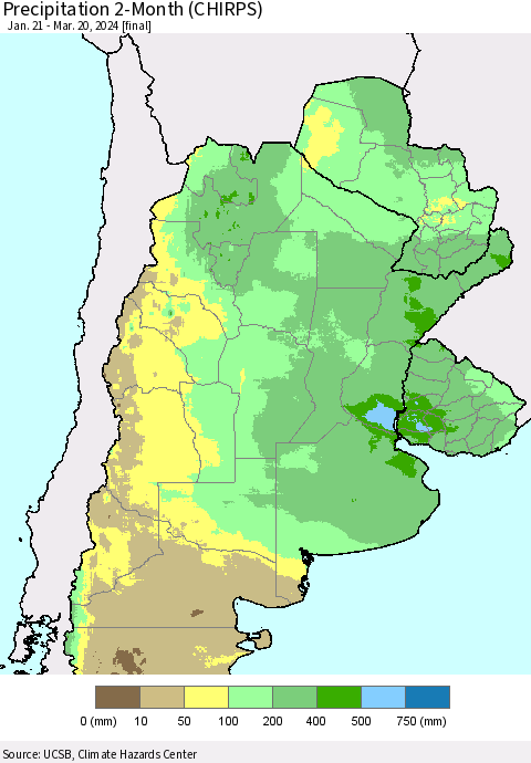 Southern South America Precipitation 2-Month (CHIRPS) Thematic Map For 1/21/2024 - 3/20/2024
