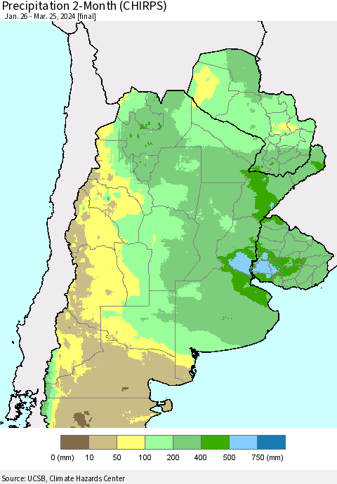 Southern South America Precipitation 2-Month (CHIRPS) Thematic Map For 1/26/2024 - 3/25/2024