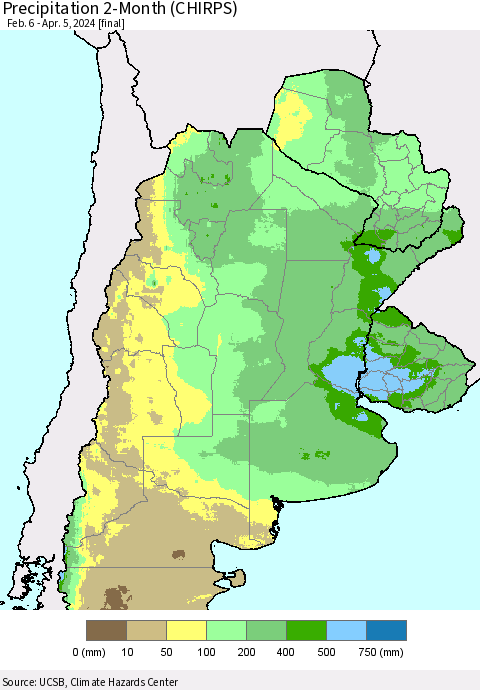 Southern South America Precipitation 2-Month (CHIRPS) Thematic Map For 2/6/2024 - 4/5/2024