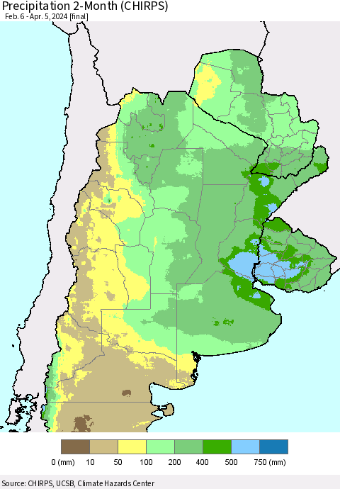 Southern South America Precipitation 2-Month (CHIRPS) Thematic Map For 2/6/2024 - 4/5/2024