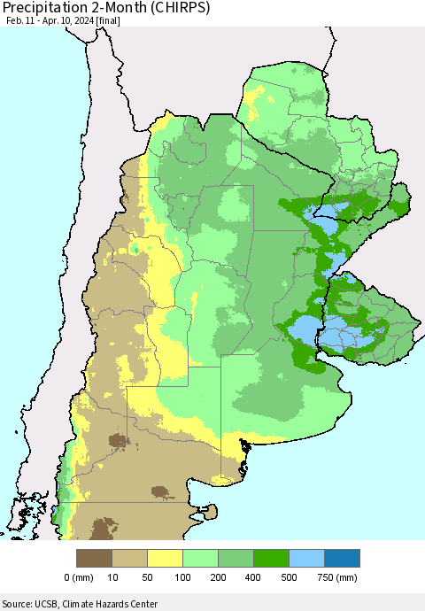 Southern South America Precipitation 2-Month (CHIRPS) Thematic Map For 2/11/2024 - 4/10/2024