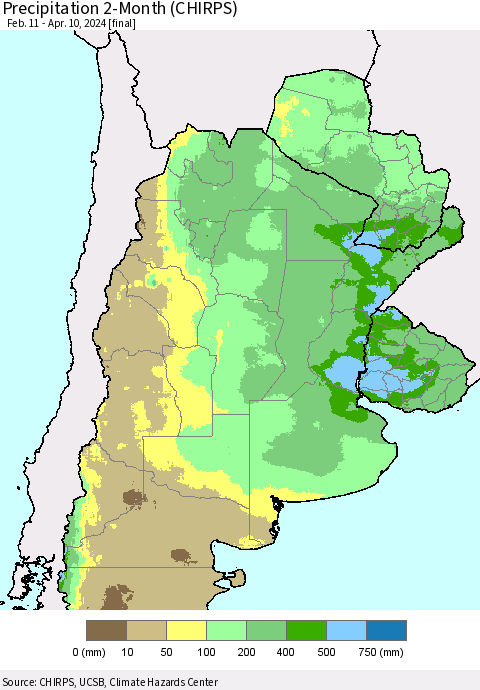 Southern South America Precipitation 2-Month (CHIRPS) Thematic Map For 2/11/2024 - 4/10/2024