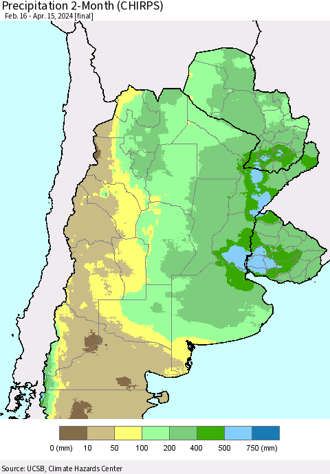 Southern South America Precipitation 2-Month (CHIRPS) Thematic Map For 2/16/2024 - 4/15/2024