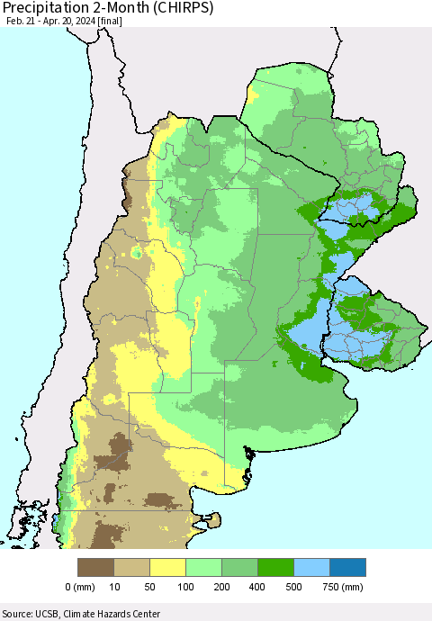 Southern South America Precipitation 2-Month (CHIRPS) Thematic Map For 2/21/2024 - 4/20/2024
