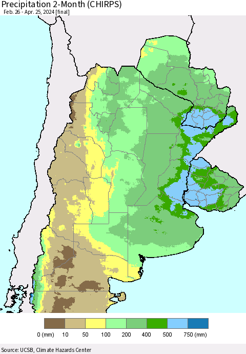 Southern South America Precipitation 2-Month (CHIRPS) Thematic Map For 2/26/2024 - 4/25/2024