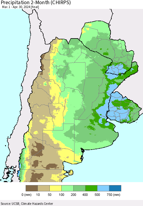 Southern South America Precipitation 2-Month (CHIRPS) Thematic Map For 3/1/2024 - 4/30/2024