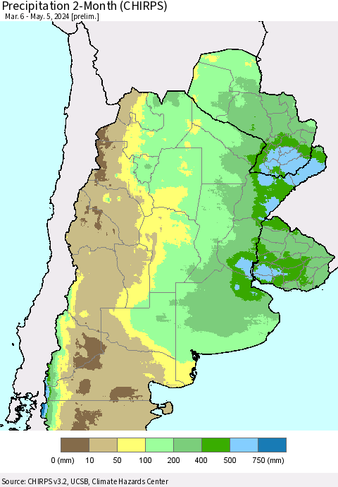 Southern South America Precipitation 2-Month (CHIRPS) Thematic Map For 3/6/2024 - 5/5/2024