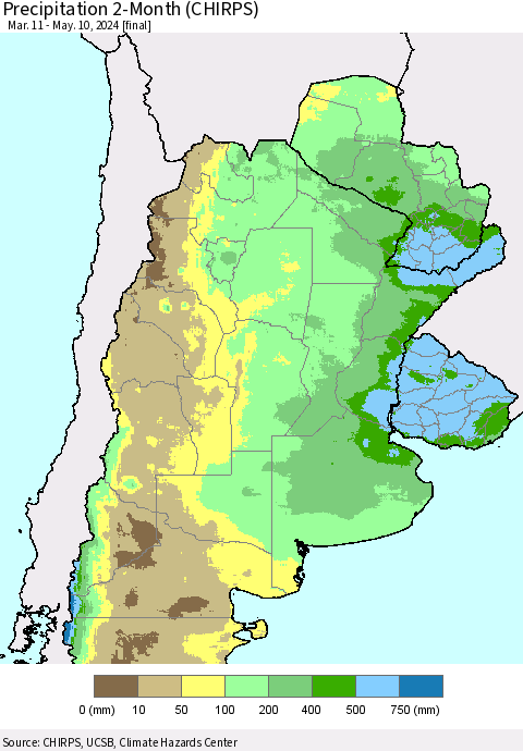 Southern South America Precipitation 2-Month (CHIRPS) Thematic Map For 3/11/2024 - 5/10/2024