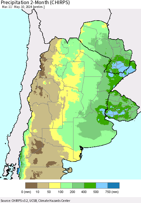 Southern South America Precipitation 2-Month (CHIRPS) Thematic Map For 3/11/2024 - 5/10/2024