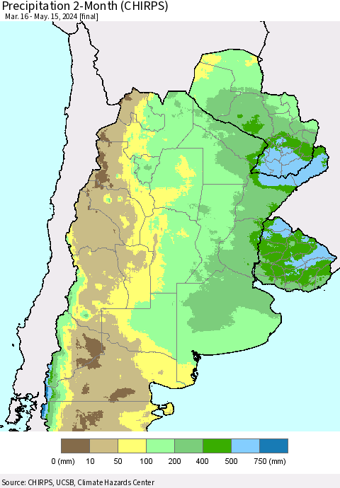 Southern South America Precipitation 2-Month (CHIRPS) Thematic Map For 3/16/2024 - 5/15/2024