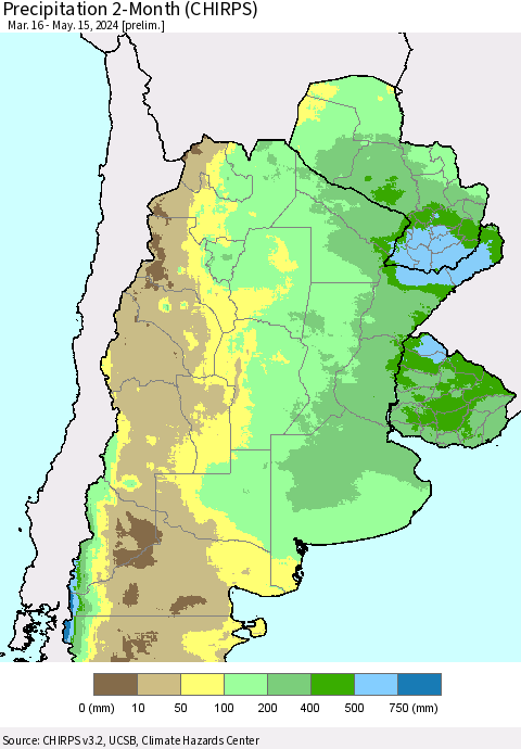 Southern South America Precipitation 2-Month (CHIRPS) Thematic Map For 3/16/2024 - 5/15/2024