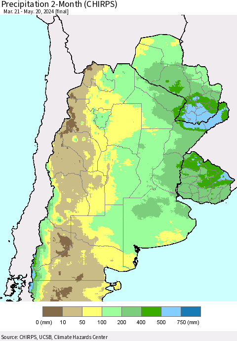 Southern South America Precipitation 2-Month (CHIRPS) Thematic Map For 3/21/2024 - 5/20/2024