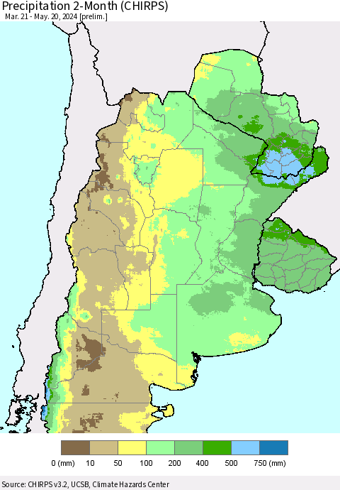 Southern South America Precipitation 2-Month (CHIRPS) Thematic Map For 3/21/2024 - 5/20/2024