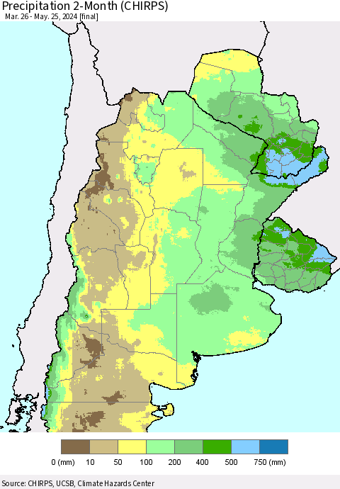 Southern South America Precipitation 2-Month (CHIRPS) Thematic Map For 3/26/2024 - 5/25/2024