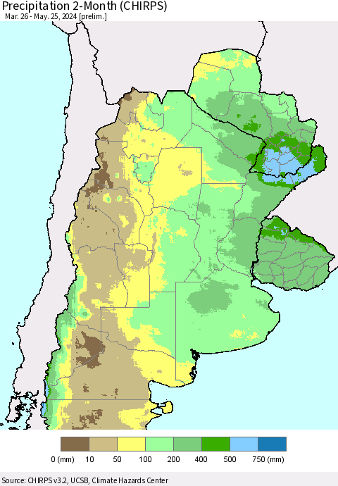 Southern South America Precipitation 2-Month (CHIRPS) Thematic Map For 3/26/2024 - 5/25/2024