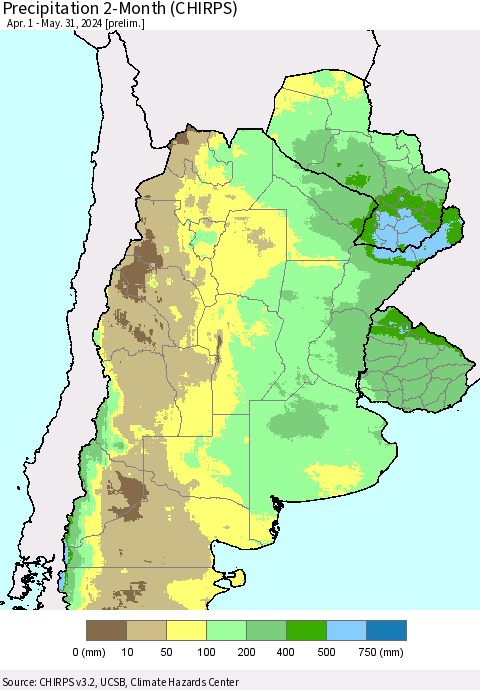 Southern South America Precipitation 2-Month (CHIRPS) Thematic Map For 4/1/2024 - 5/31/2024