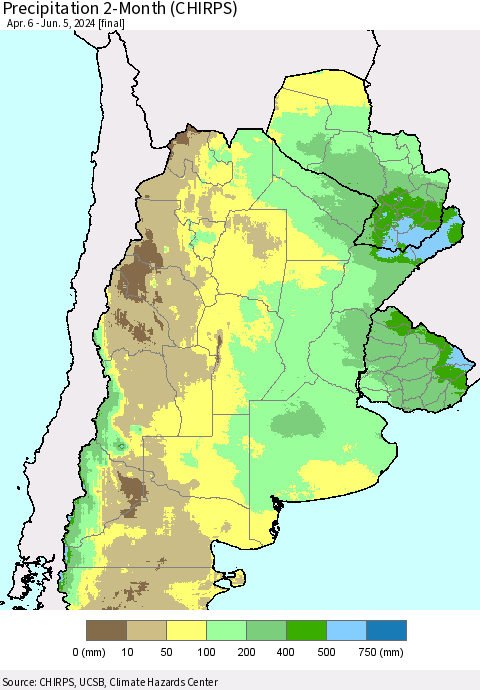Southern South America Precipitation 2-Month (CHIRPS) Thematic Map For 4/6/2024 - 6/5/2024