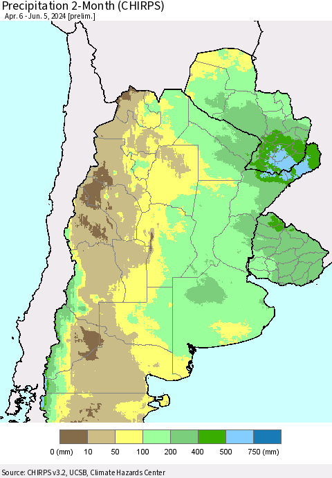 Southern South America Precipitation 2-Month (CHIRPS) Thematic Map For 4/6/2024 - 6/5/2024