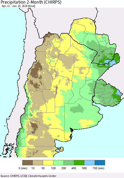 Southern South America Precipitation 2-Month (CHIRPS) Thematic Map For 4/11/2024 - 6/10/2024