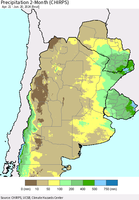 Southern South America Precipitation 2-Month (CHIRPS) Thematic Map For 4/21/2024 - 6/20/2024