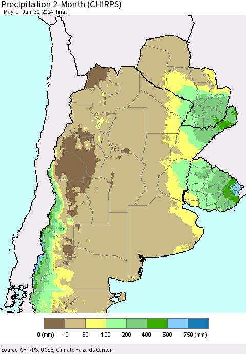 Southern South America Precipitation 2-Month (CHIRPS) Thematic Map For 5/1/2024 - 6/30/2024