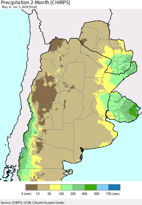 Southern South America Precipitation 2-Month (CHIRPS) Thematic Map For 5/6/2024 - 7/5/2024