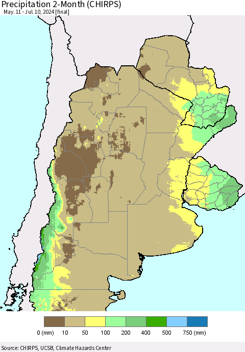 Southern South America Precipitation 2-Month (CHIRPS) Thematic Map For 5/11/2024 - 7/10/2024