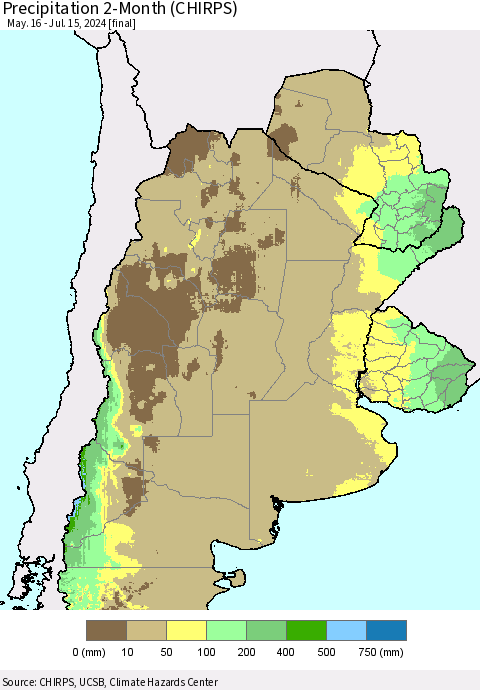 Southern South America Precipitation 2-Month (CHIRPS) Thematic Map For 5/16/2024 - 7/15/2024