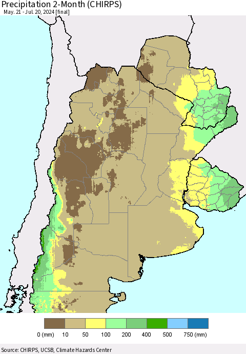 Southern South America Precipitation 2-Month (CHIRPS) Thematic Map For 5/21/2024 - 7/20/2024