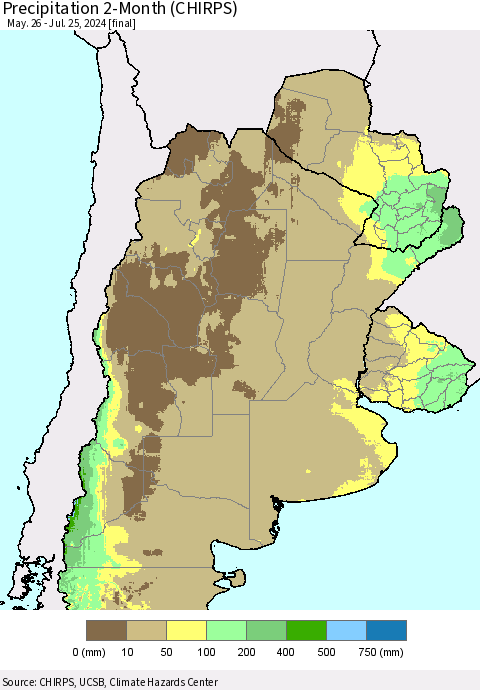 Southern South America Precipitation 2-Month (CHIRPS) Thematic Map For 5/26/2024 - 7/25/2024