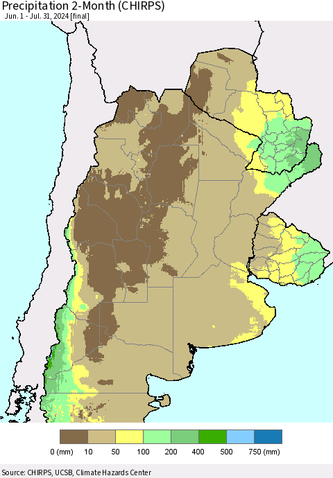 Southern South America Precipitation 2-Month (CHIRPS) Thematic Map For 6/1/2024 - 7/31/2024