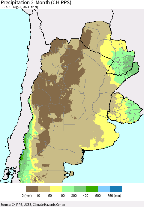 Southern South America Precipitation 2-Month (CHIRPS) Thematic Map For 6/6/2024 - 8/5/2024