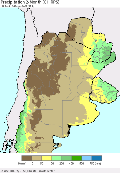 Southern South America Precipitation 2-Month (CHIRPS) Thematic Map For 6/11/2024 - 8/10/2024