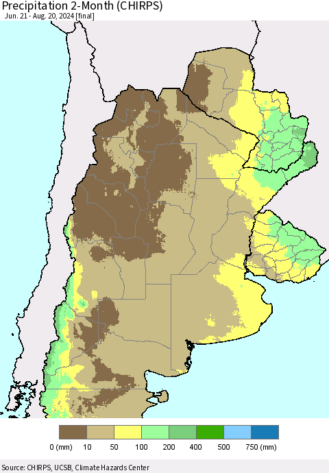 Southern South America Precipitation 2-Month (CHIRPS) Thematic Map For 6/21/2024 - 8/20/2024