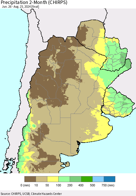 Southern South America Precipitation 2-Month (CHIRPS) Thematic Map For 6/26/2024 - 8/25/2024