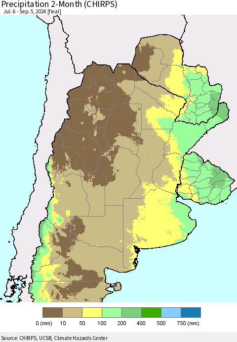 Southern South America Precipitation 2-Month (CHIRPS) Thematic Map For 7/6/2024 - 9/5/2024