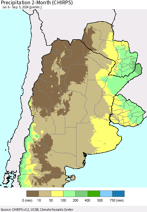 Southern South America Precipitation 2-Month (CHIRPS) Thematic Map For 7/6/2024 - 9/5/2024
