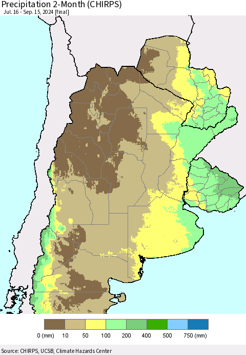 Southern South America Precipitation 2-Month (CHIRPS) Thematic Map For 7/16/2024 - 9/15/2024