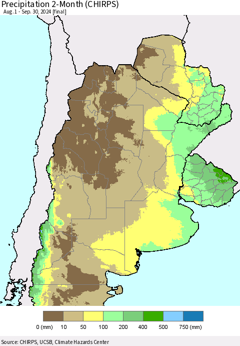 Southern South America Precipitation 2-Month (CHIRPS) Thematic Map For 8/1/2024 - 9/30/2024