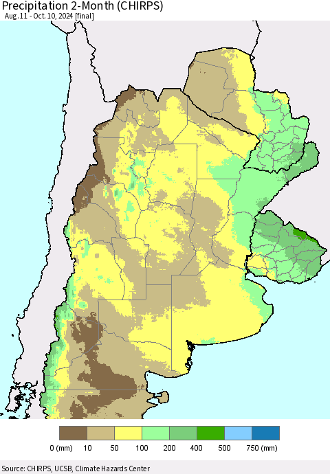 Southern South America Precipitation 2-Month (CHIRPS) Thematic Map For 8/11/2024 - 10/10/2024