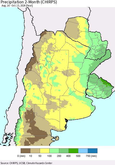 Southern South America Precipitation 2-Month (CHIRPS) Thematic Map For 8/16/2024 - 10/15/2024