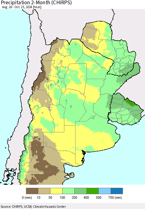 Southern South America Precipitation 2-Month (CHIRPS) Thematic Map For 8/26/2024 - 10/25/2024
