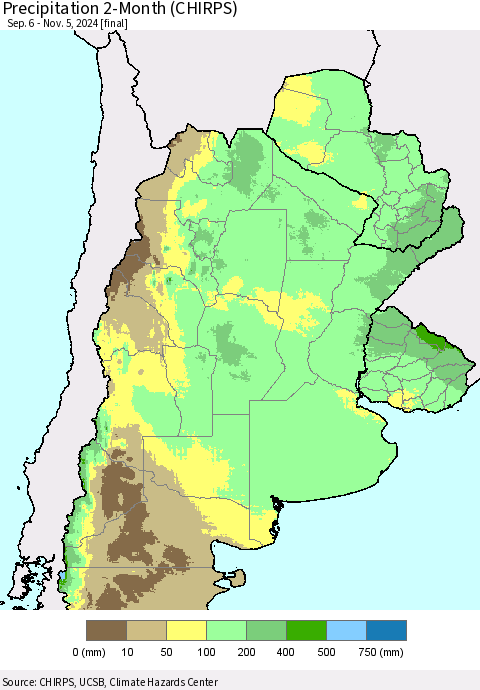 Southern South America Precipitation 2-Month (CHIRPS) Thematic Map For 9/6/2024 - 11/5/2024