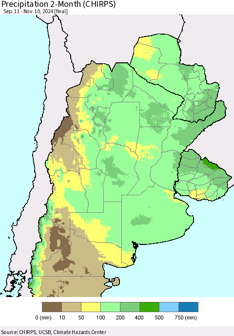 Southern South America Precipitation 2-Month (CHIRPS) Thematic Map For 9/11/2024 - 11/10/2024