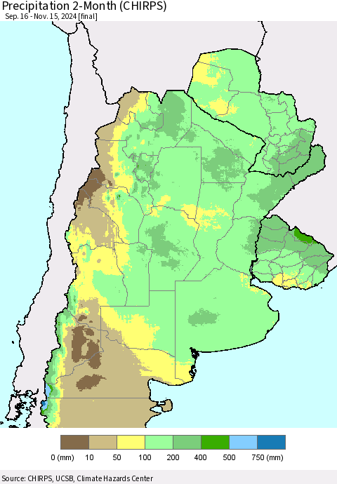 Southern South America Precipitation 2-Month (CHIRPS) Thematic Map For 9/16/2024 - 11/15/2024