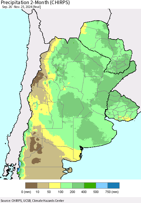 Southern South America Precipitation 2-Month (CHIRPS) Thematic Map For 9/26/2024 - 11/25/2024