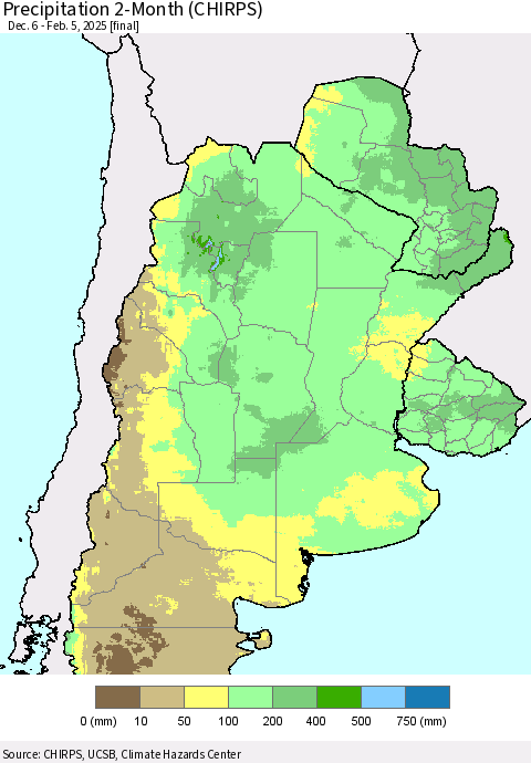Southern South America Precipitation 2-Month (CHIRPS) Thematic Map For 12/6/2024 - 2/5/2025